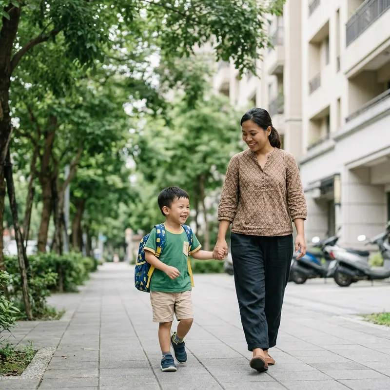 外籍幫傭牽著背書包的幼兒園小男孩走在人行道