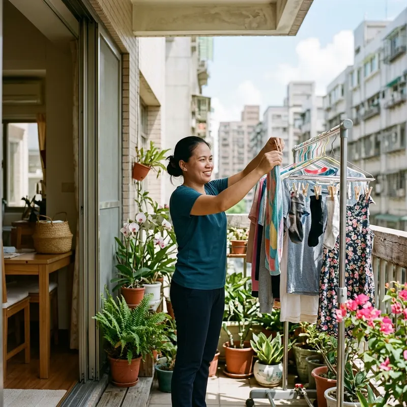 外籍幫傭在陽台晾曬洗好的衣服