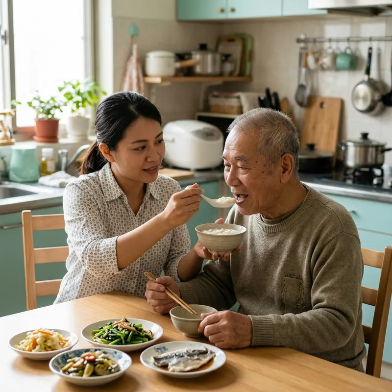 外籍看護在餐桌旁協助阿公吃稀飯